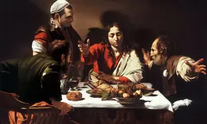 Wieczerza w Emaus Caravaggia: Jezus błogosławi posiłek, rozpoznany przez uczniów. Dramatyczne światło i gesty.