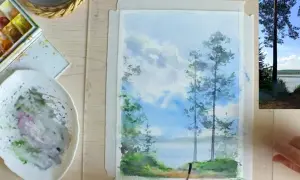 Malowanie wodne krajobrazu z drzewami i jeziorem. Inspiracja dla każdego, kto szuka krajobrazu łatwego do namalowania.