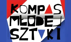 Kompas młodej sztuki: czarne litery na białym tle z czerwonymi i niebieskimi akcentami.