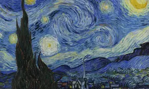 Gwieździsta noc, najdroższy obraz Van Gogha, z wirującym niebem, cyprysem i miasteczkiem.