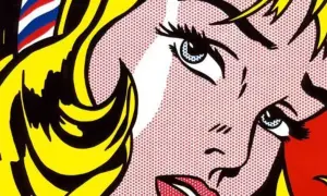 Ikoniczna twarz kobiety w stylu pop art Roy Lichtensteina, z charakterystycznymi kropkami Ben-Day i jaskrawymi kolorami.
