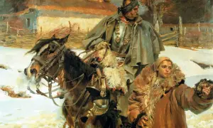 Jerzy Kossak obrazy zaginione: zimowy pejzaż, żołnierz na koniu i kobieta wskazująca drogę.