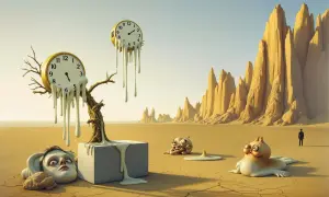 Surrealistyczny krajobraz pustyni, gdzie czas rozpływa się jak w dziełach Salvadora Dalego. Topniejące zegary, dziwaczne stworzenia i ludzka twarz symbolizują upływ czasu.