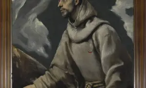Święty Franciszek w szarym habicie, jedno z dzieł El Greco, z charakterystycznym, wyciągniętym palcem i mistycznym tłem.