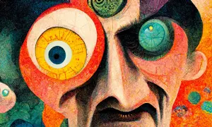 Surrealistyczny portret z wielkimi, kolorowymi oczami, odzwierciedlający chaos i absurd dadaizmu w sztuce.