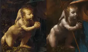 Dziecię Jezus klęczy w grocie, trzymając krzyż. Obok, jego dłoń spoczywa na ramieniu Madonny.