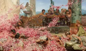 Akademizm w malarstwie: scena z antycznego bankietu, gdzie ludzie leżą w płatkach róż.