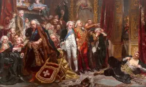 Monumentalne dzieła malarskie o tematyce historycznej ukazujące dramatyczne sceny z życia dworu.