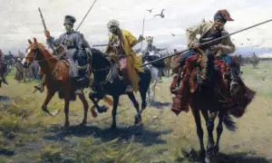 Józef Brandt obrazy: kawalkada konnych wojowników w orientalnych strojach, z bronią białą i palną, na tle stepu.
