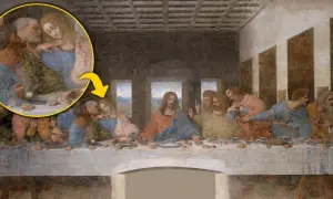 Ostatnia Wieczerza Leonarda da Vinci. Powiększony fragment ukazuje bliskość między postaciami, sugerującą intymną rozmowę.