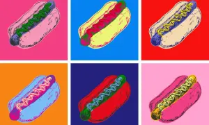 Pop art cechy: hot dogi w jaskrawych, kontrastowych kolorach, powtarzające się motywy, stylizowany rysunek.