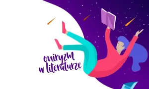 Dziewczyna z książką unosi się w kosmosie, gdzie mieszanie się snu z rzeczywistością tworzy magiczną przestrzeń.