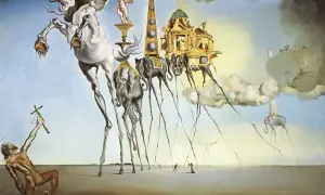 Surrealizm w malarstwie: koń na cienkich nogach, słonie z długimi nogami niosące budowle, postać z krzyżem.