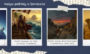 Ilustracje przedstawiają motyw podróży: Mały Książę na planecie, Odyseusz na morzu, Marek Winicjusz w drodze do Rzymu i dzieci na wielbłądach.