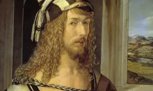 Portret młodego mężczyzny z kręconymi włosami i brodą, w ozdobnym nakryciu głowy. Obraz jednego z znanych malarzy, ukazujący krajobraz w tle.