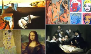 Kolaż słynnych obrazów: rozpływające się zegary Dalego, "Panny z Awinionu" Picassa, Marilyn Monroe Andy'ego Warhola, "Pocałunek" Klimta, Mona Lisa da Vinci i "Lekcja anatomii doktora Tulpa" Rembrandta. Jak znaleźć malarza obrazu?