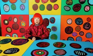 Yayoi Kusama w otoczeniu swoich kolorowych dzieł, pełnych kropek i wirów.