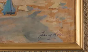 Malarski pejzaż z postacią w błękitnej sukni. Widoczny **jerzy kossak podpis** artysty.