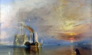 Parowiec holuje żaglowiec na tle zachodzącego słońca. Obraz oddaje atmosferę epoki, pokazując rozwój techniki i jej wpływ na żeglugę. Proweniencja dzieła jest dobrze udokumentowana.