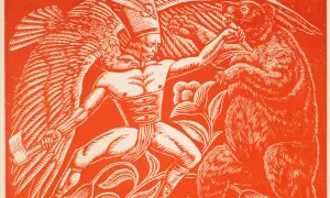 Polska grafika artystyczna: skrzydlaty wojownik walczy z niedźwiedziem w otoczeniu kwiatów.