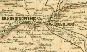 Mapa z zaznaczonymi miejscowościami, w tym Kr. Новогеоргиевскъ i Новый Дворъ. Może to być baza zaginionych dzieł sztuki.
