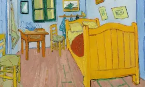 Jasny, żółty pokój van Gogha z łóżkiem, stołem i krzesłami. Obraz oddaje prostotę i spokój jego pracowni.