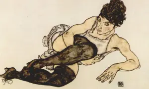 Ekspresyjne dzieła Egona Schiele: kobieta w pończochach leży w prowokacyjnej pozie, jej ciało wygięte w nienaturalny sposób.