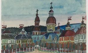 Kolorowe obrazy Nikifora przedstawiają malowniczy widok miasta z licznymi kopułami i wieżami.