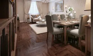 Elegancki salon z jadalnią w stylu art deco, z drewnianą podłogą w jodełkę, wygodną sofą i nakrytym stołem.