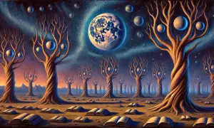 Surrealistyczne co to? Drzewa z planetami zamiast liści, księżyc i otwarte księgi na pustkowiu.