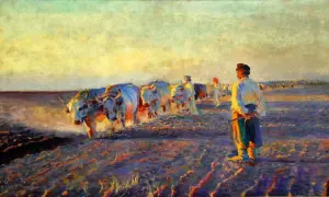 Wyczółkowski obrazy: woły zaprzężone do pługa na tle zachodzącego słońca. Rolnik w tradycyjnym stroju dogląda pracy.