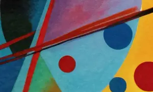 Abstrakcja z czerwonymi liniami, niebieskimi i czerwonymi kołami na tle żółtym i niebieskim. Jeden z najsłynniejszych obrazów abstrakcyjnych.