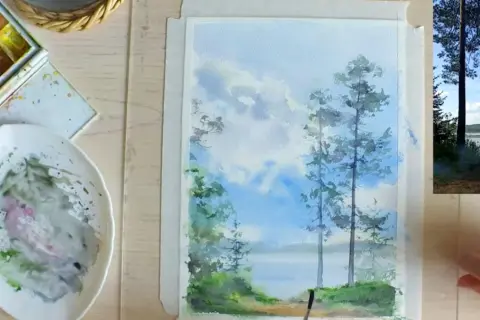 Malowanie wodne krajobrazu z drzewami i jeziorem. Inspiracja dla każdego, kto szuka krajobrazu łatwego do namalowania.