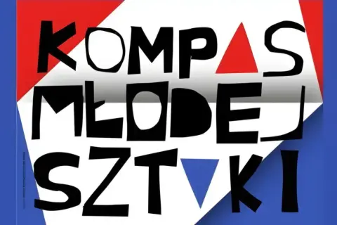 Kompas młodej sztuki: czarne litery na białym tle z czerwonymi i niebieskimi akcentami.