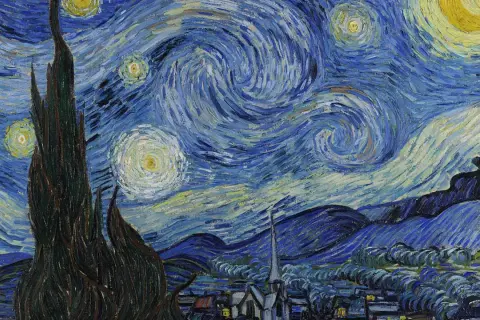 Gwieździsta noc, najdroższy obraz Van Gogha, z wirującym niebem, cyprysem i miasteczkiem.