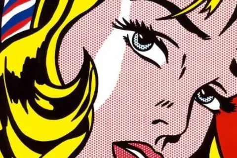 Ikoniczna twarz kobiety w stylu pop art Roy Lichtensteina, z charakterystycznymi kropkami Ben-Day i jaskrawymi kolorami.