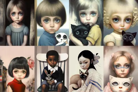 Obrazy w stylu Margaret Keane, z wielkimi oczami dzieci i zwierząt. Może to "Najdroższy Obraz" tej artystki?