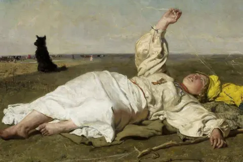 Polskie obrazy historyczne: dziewczyna odpoczywa na łące, pilnowana przez czarnego psa, w tle pasące się bydło.
