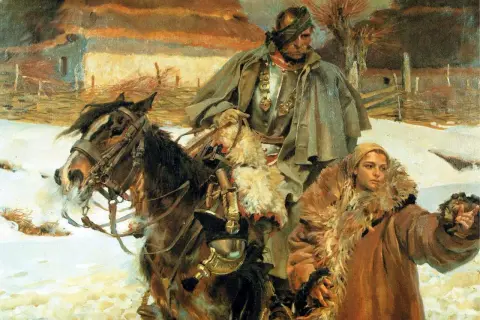 Jerzy Kossak obrazy zaginione: zimowy pejzaż, żołnierz na koniu i kobieta wskazująca drogę.