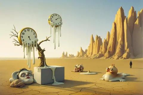 Surrealistyczny krajobraz pustyni, gdzie czas rozpływa się jak w dziełach Salvadora Dalego. Topniejące zegary, dziwaczne stworzenia i ludzka twarz symbolizują upływ czasu.
