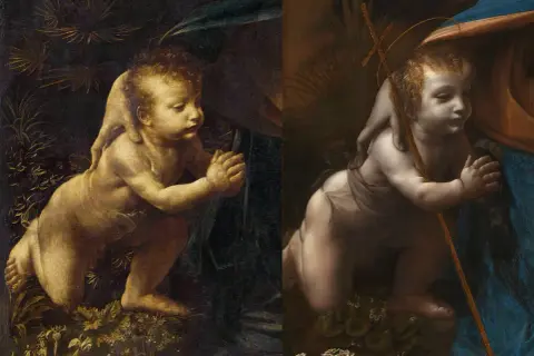 Dziecię Jezus klęczy w grocie, trzymając krzyż. Obok, jego dłoń spoczywa na ramieniu Madonny.