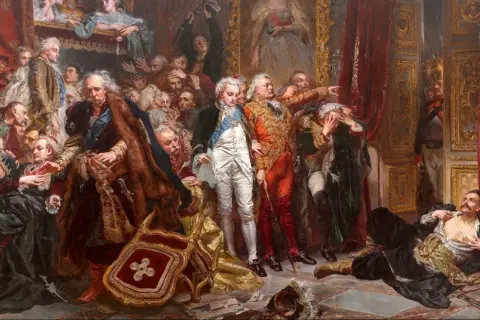 Monumentalne dzieła malarskie o tematyce historycznej ukazujące dramatyczne sceny z życia dworu.