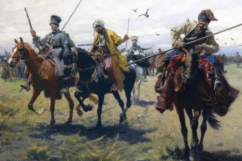 Józef Brandt obrazy: kawalkada konnych wojowników w orientalnych strojach, z bronią białą i palną, na tle stepu.