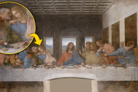 Ostatnia Wieczerza Leonarda da Vinci. Powiększony fragment ukazuje bliskość między postaciami, sugerującą intymną rozmowę.