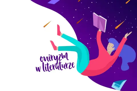 Dziewczyna z książką unosi się w kosmosie, gdzie mieszanie się snu z rzeczywistością tworzy magiczną przestrzeń.