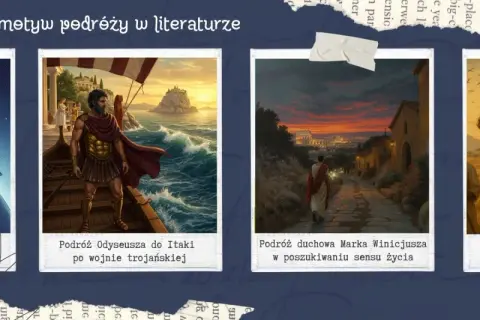 Ilustracje przedstawiają motyw podróży: Mały Książę na planecie, Odyseusz na morzu, Marek Winicjusz w drodze do Rzymu i dzieci na wielbłądach.