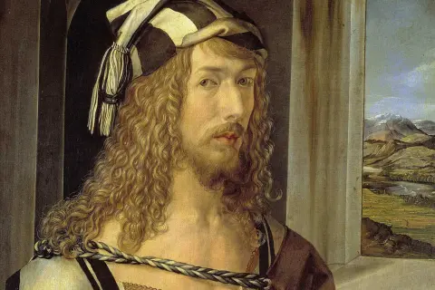 Portret młodego mężczyzny z kręconymi włosami i brodą, w ozdobnym nakryciu głowy. Obraz jednego z znanych malarzy, ukazujący krajobraz w tle.