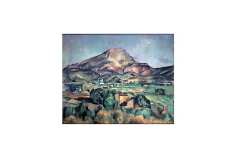 Krajobraz z Mont Sainte-Victoire, jedno z wielu dzieł Paula Cézanne'a, ukazuje górzysty teren z domami i drzewami.
