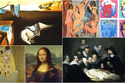 Kolaż przedstawia różne style w malarstwie: surrealizm Dalego, kubizm Picassa, pop-art Warhola, secesję Klimta, renesans Leonarda da Vinci i barok Rembrandta.