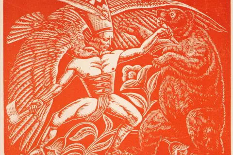 Polska grafika artystyczna: skrzydlaty wojownik walczy z niedźwiedziem w otoczeniu kwiatów.